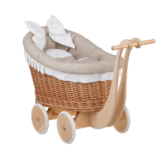 Luna rotan poppenwagen met beige bies, dekentje en kussen