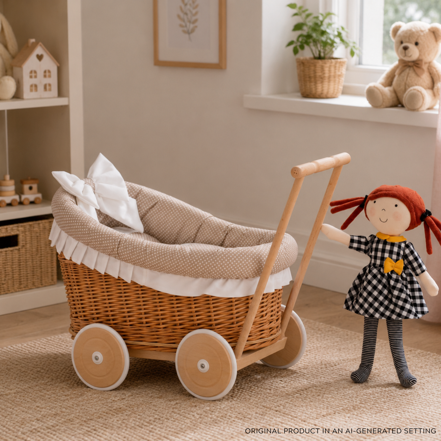 Wicker doll stroller with trim, pillow, and blanket – wickerstories