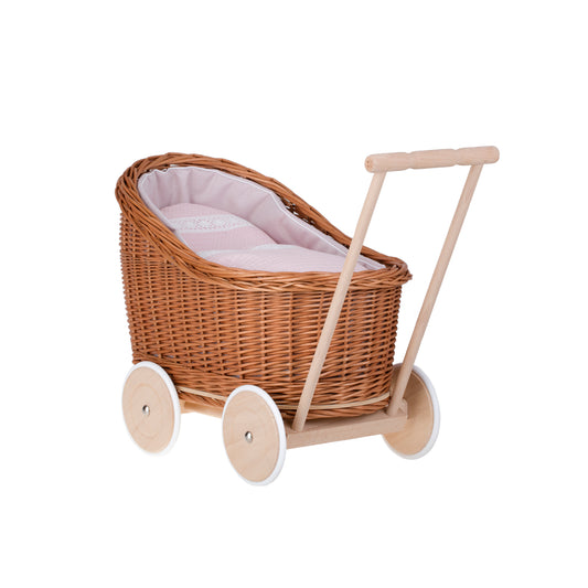 Luna wicker doll stroller with pink trim, blanket, and pillow