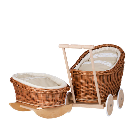 Luna wicker stroller and doll cradle with beige trim, blanket, and pillow