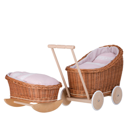 Luna wicker doll stroller and cradle with pink trim, blanket, and pillow
