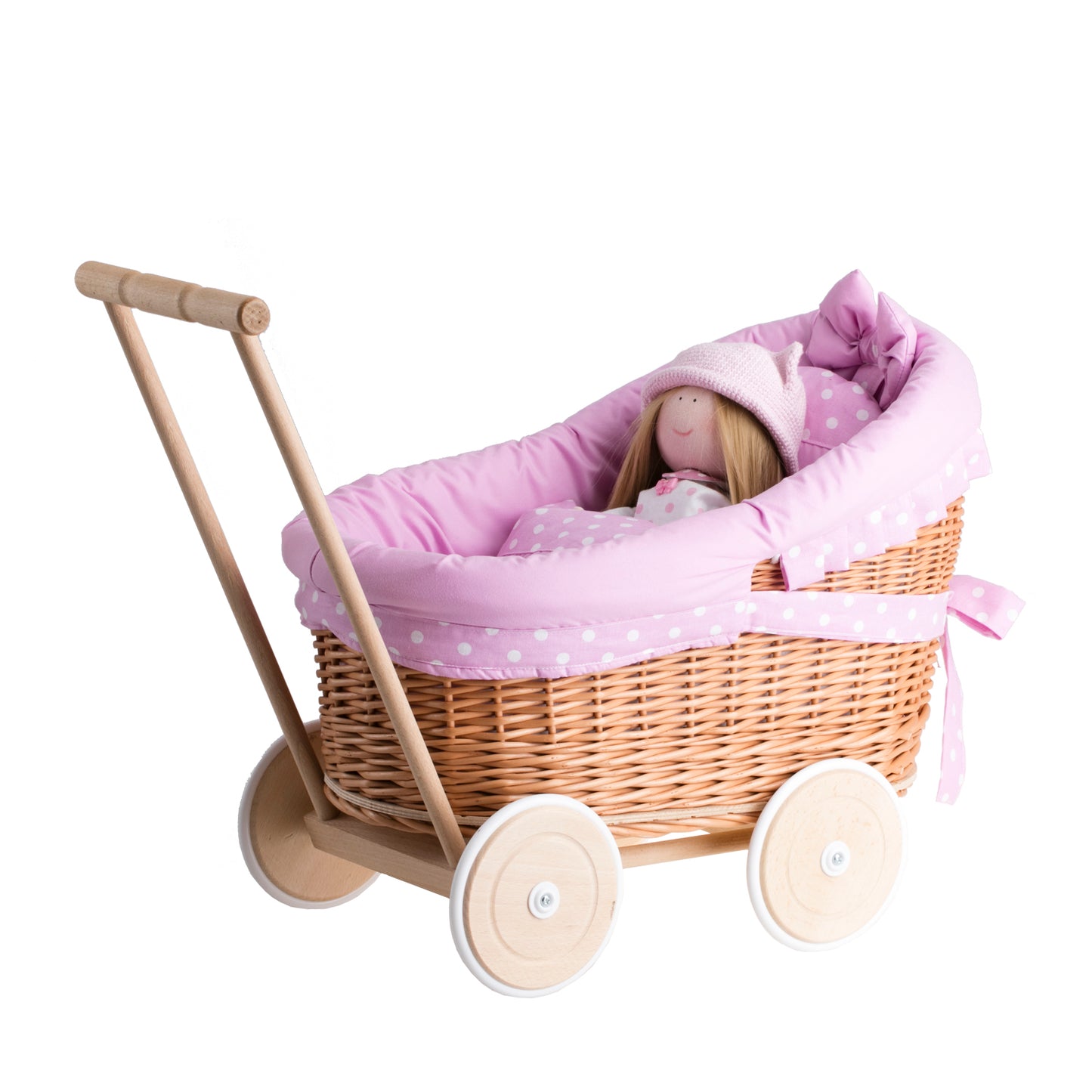 Luna wicker doll stroller with pink trim, blanket, and pillow