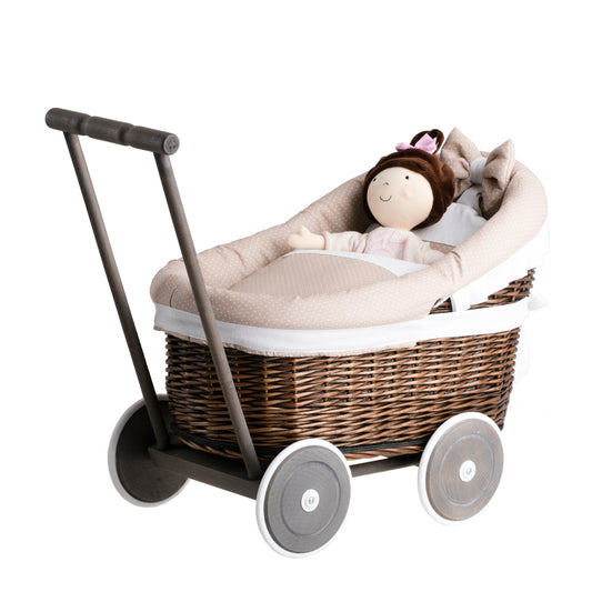 Luna wicker doll stroller with beige trim, blanket, and pillow