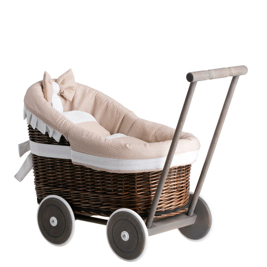 Luna wicker doll stroller with beige trim, blanket, and pillow