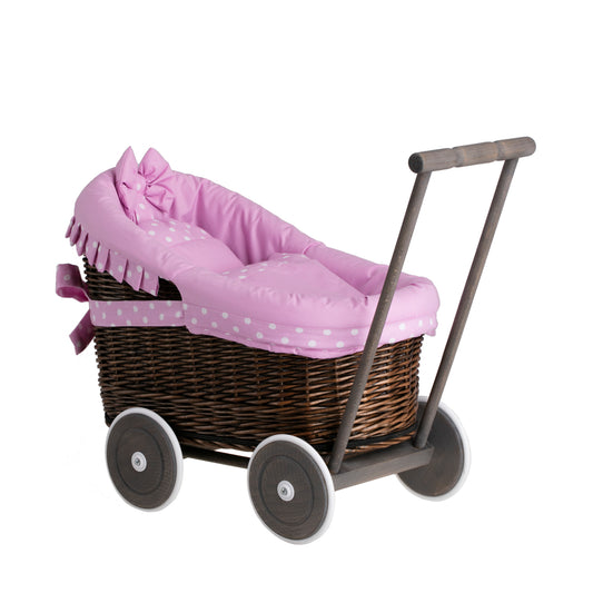 Luna wicker doll stroller with pink trim, blanket, and pillow