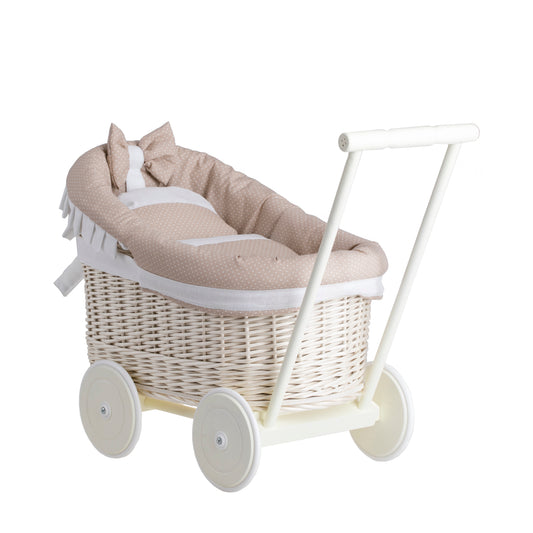 Luna wicker doll stroller with beige trim, blanket, and pillow