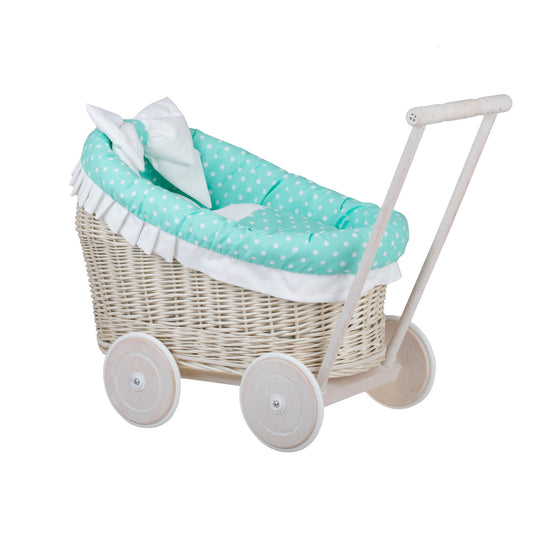Luna wicker doll stroller with mint trim, blanket, and pillow