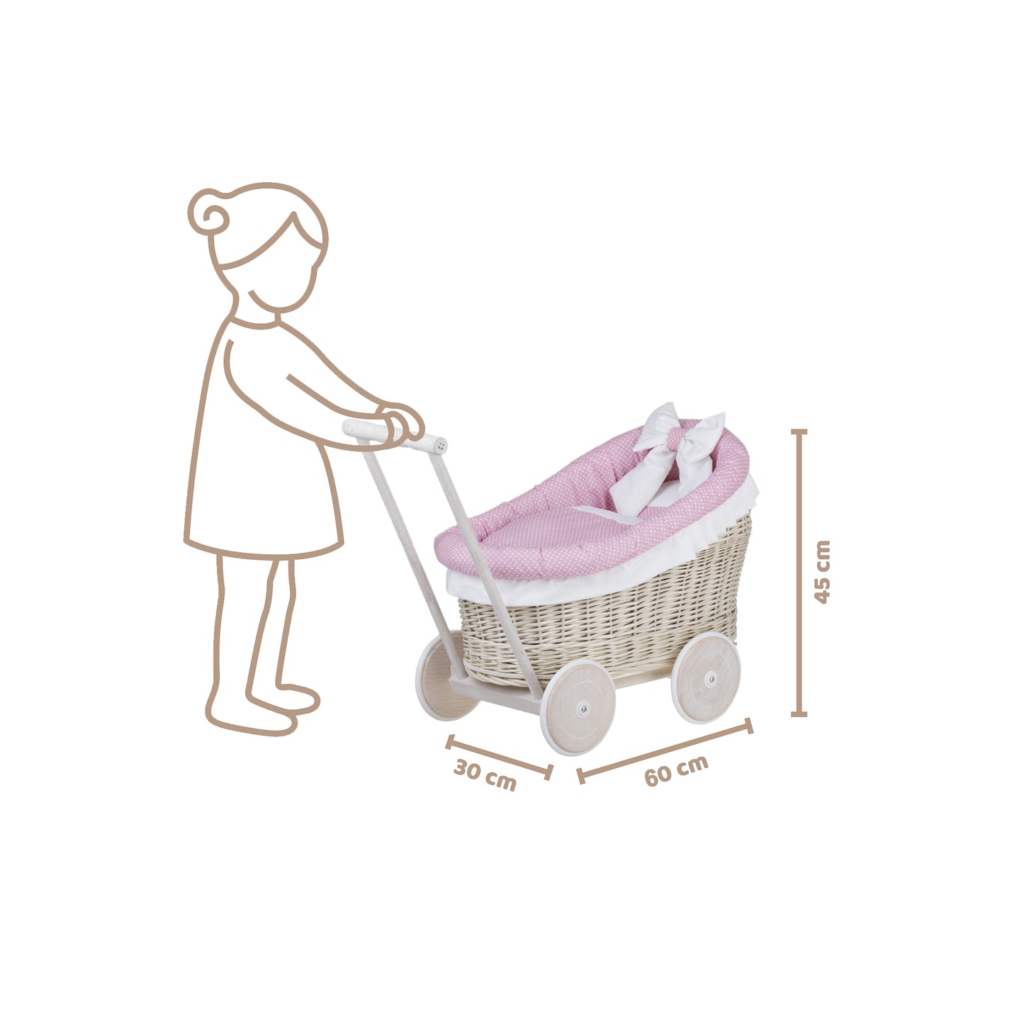 Luna wicker doll stroller with pink trim, blanket, and pillow