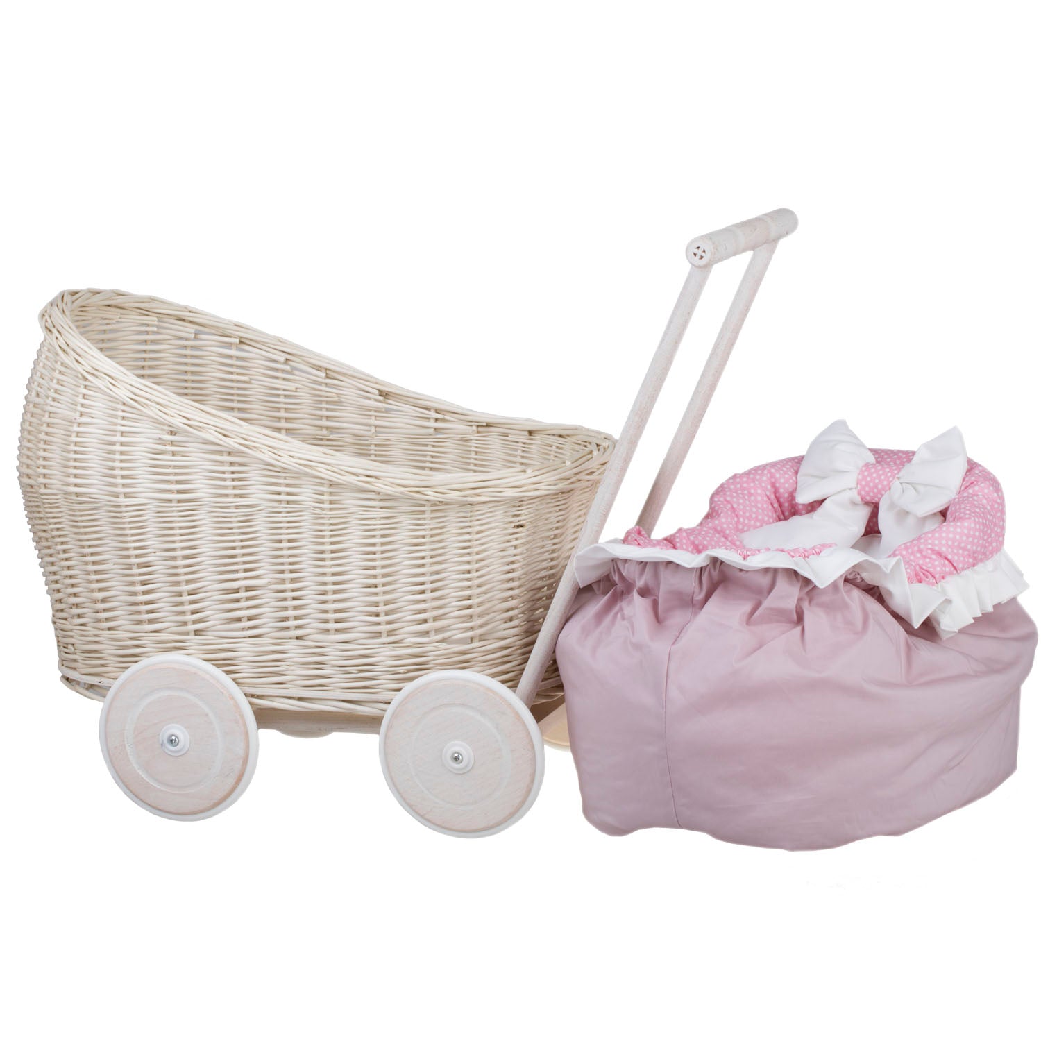 wicker doll stroller with pink trim, blanket and pillow