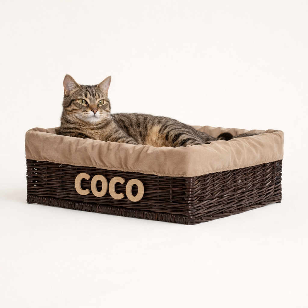 gevlochten mandbed voor honden en katten met gravure, beige rand en kussen