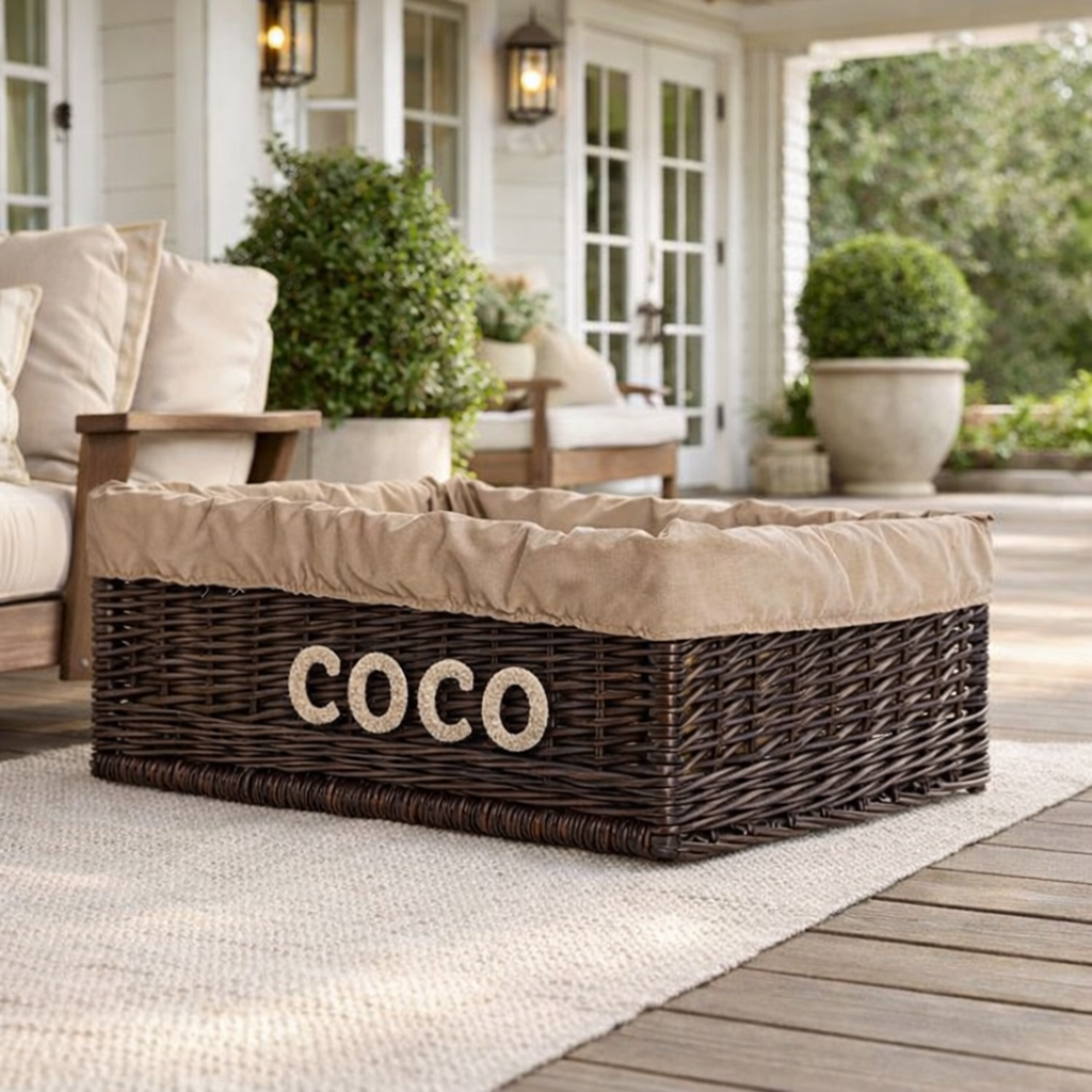 Epimoria gevlochten mandbed voor honden en katten met gravure, beige rand en kussen TheWickerStories