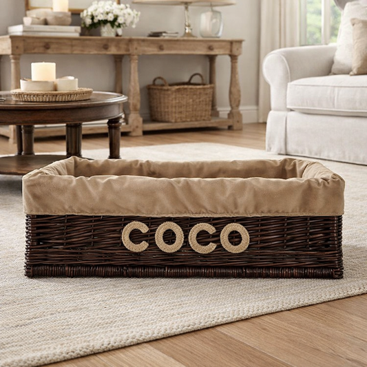 panier en osier pour chiens et chats avec gravure, finition beige et coussin