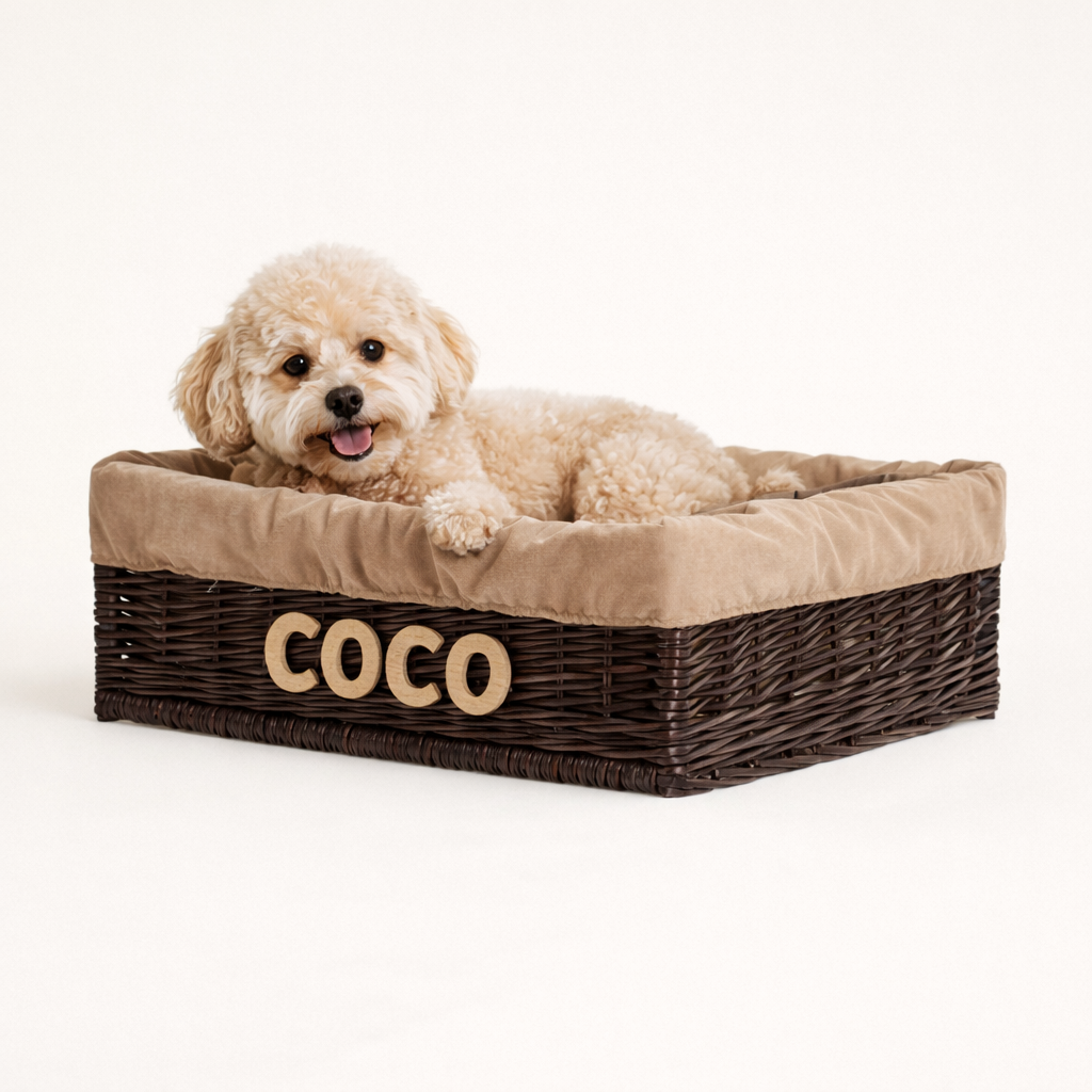 Epimoria gevlochten mandbed voor honden en katten met gravure, beige rand en kussen TheWickerStories