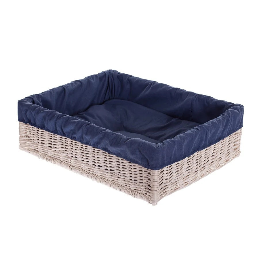 Epimoria wicker pet bed for dogs and cats with engraving, navy trim and cushion by TheWickerStories