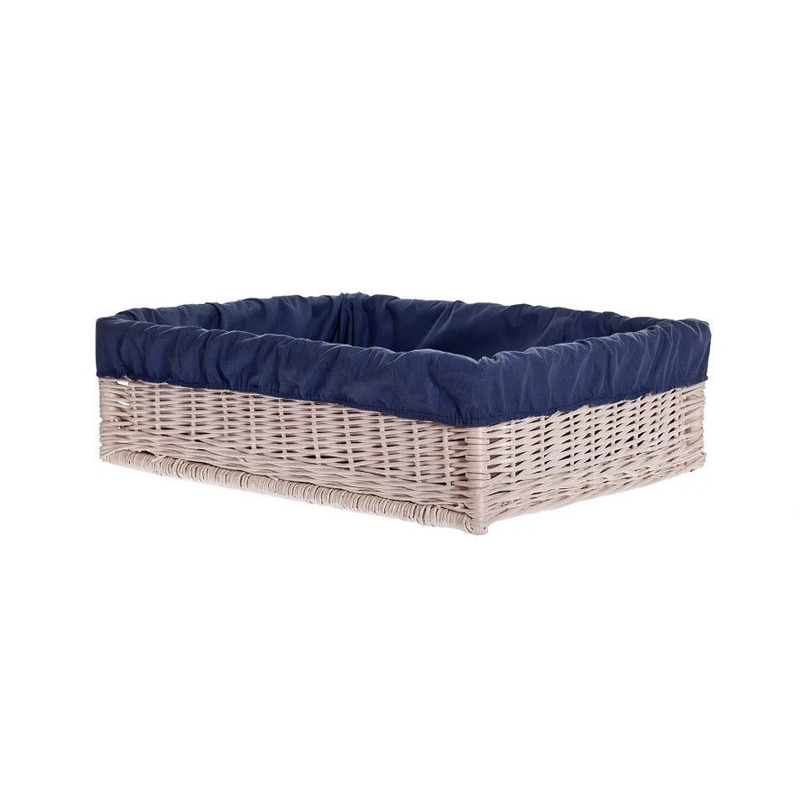 Epimoria wicker pet bed for dogs and cats with engraving, navy trim and cushion by TheWickerStories