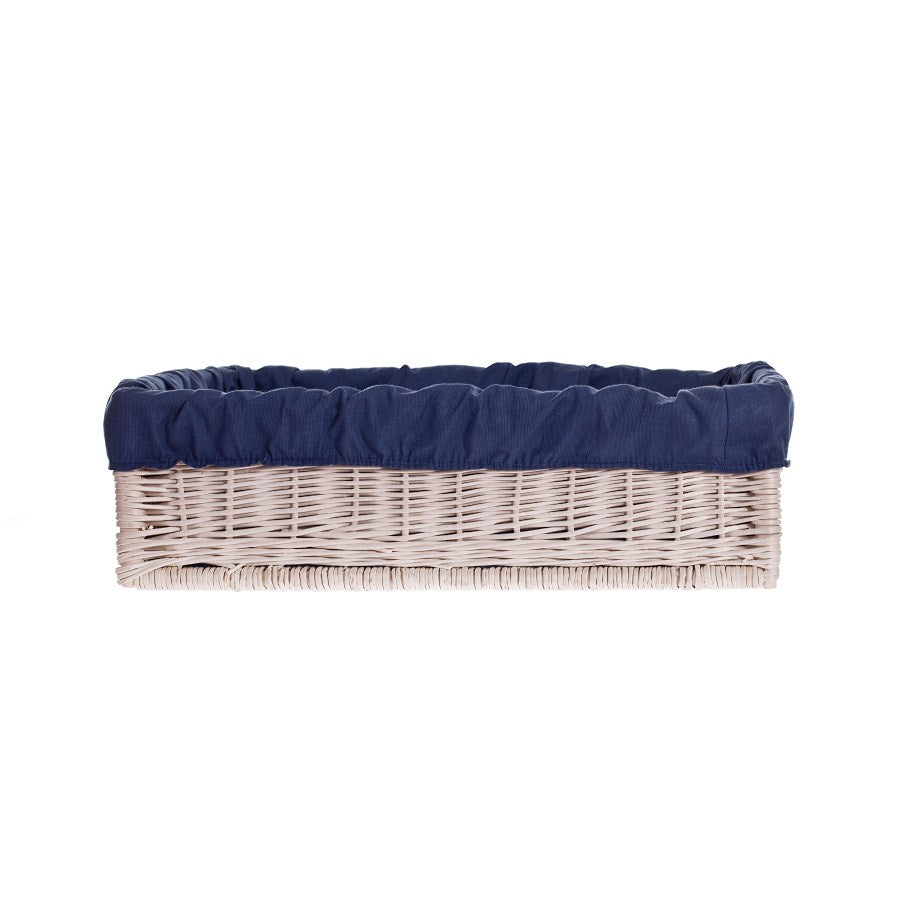 wicker pet bed for dogs and cats with engraving, navy trim and cushion by