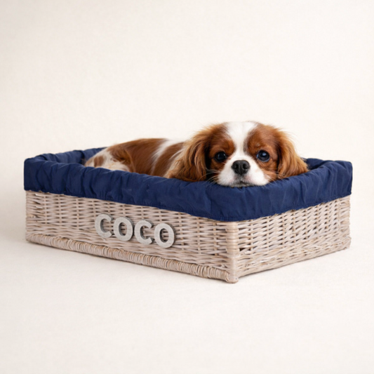 wicker pet bed for dogs and cats with engraving, navy trim and cushion by