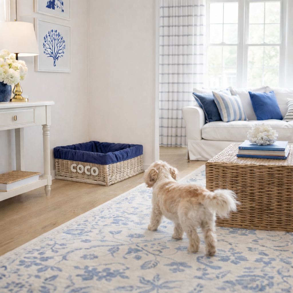 Epimoria wicker pet bed for dogs and cats with engraving, navy trim and cushion by TheWickerStories