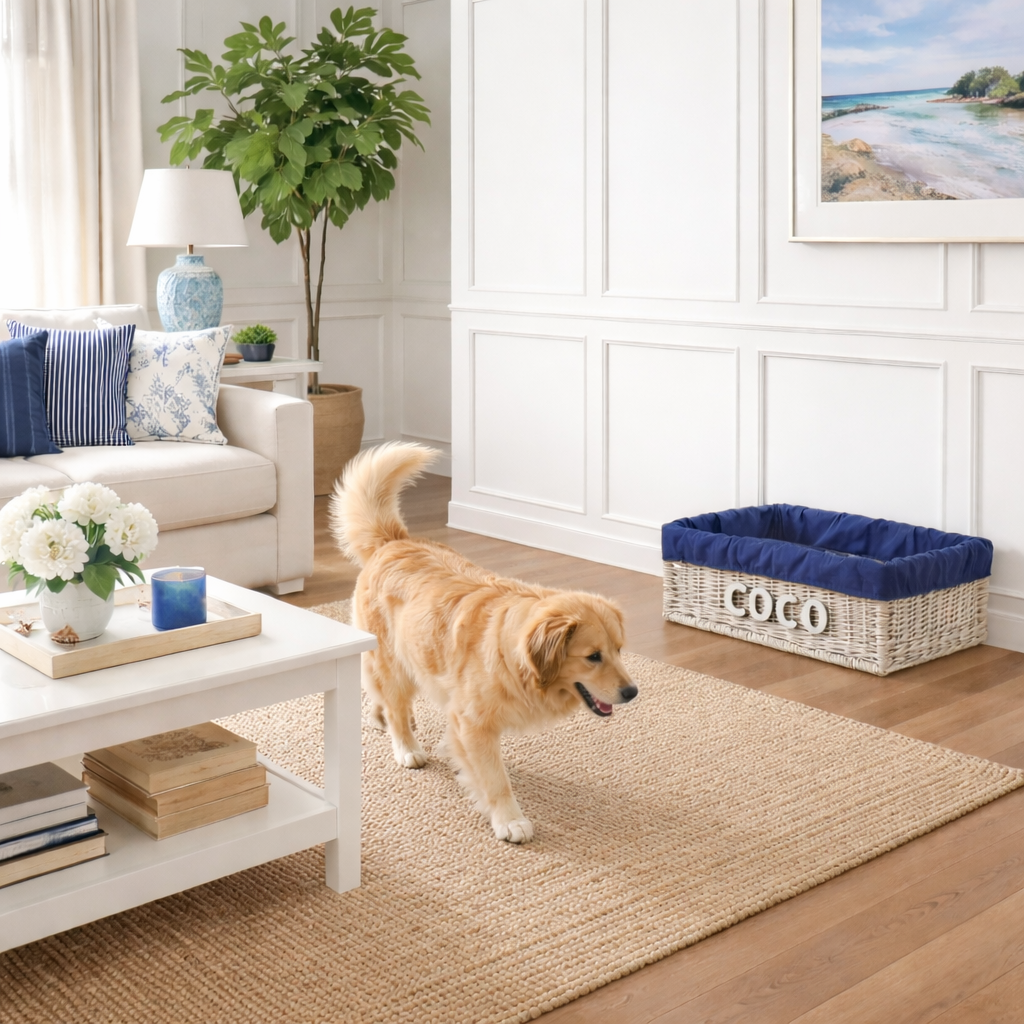 Epimoria wicker pet bed for dogs and cats with engraving, navy trim and cushion by TheWickerStories