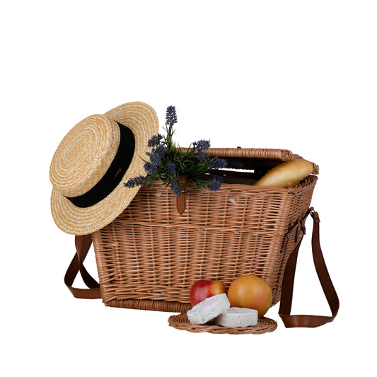 Kaviria Gevlochten rieten picknickmand met deksel en leren riemen