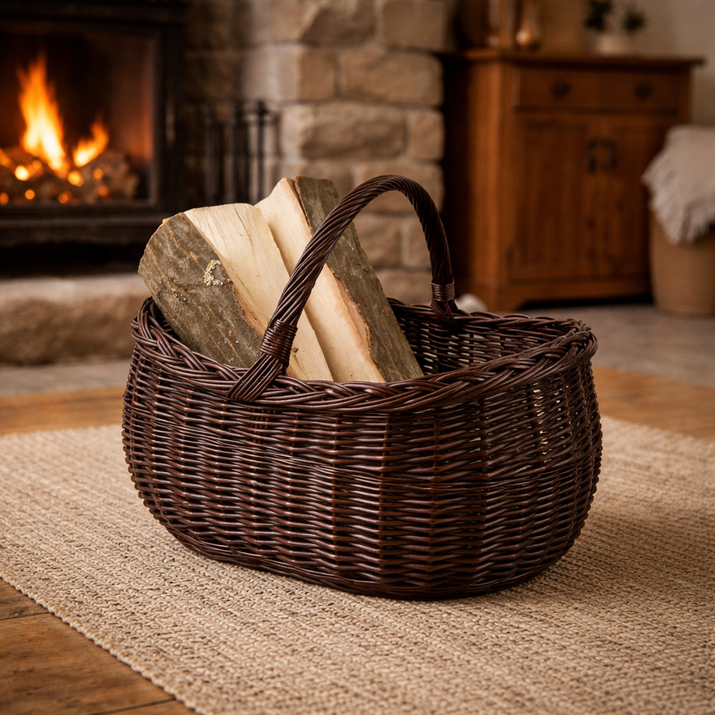 wicker firewood basket with handle for fireplace