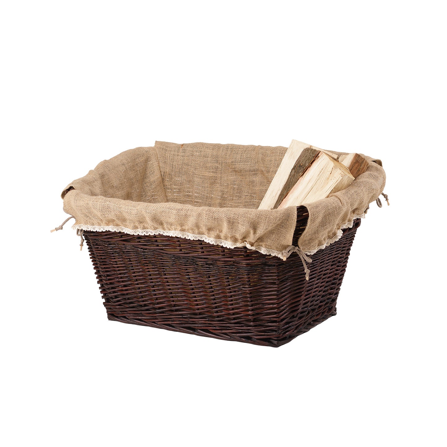 Wiklinowy kosz na drewno kominkowe z jutowym obszyciem TheWickerStories