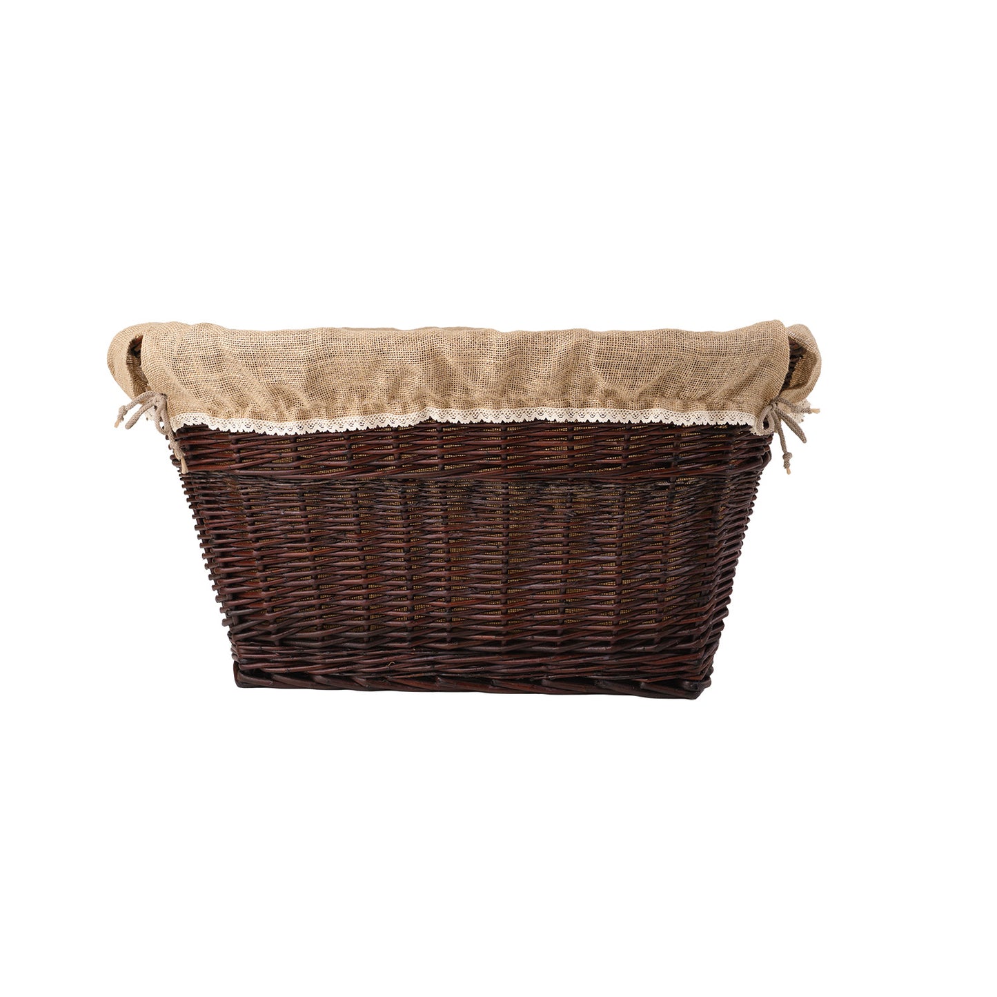 Wiklinowy kosz na drewno kominkowe z jutowym obszyciem TheWickerStories