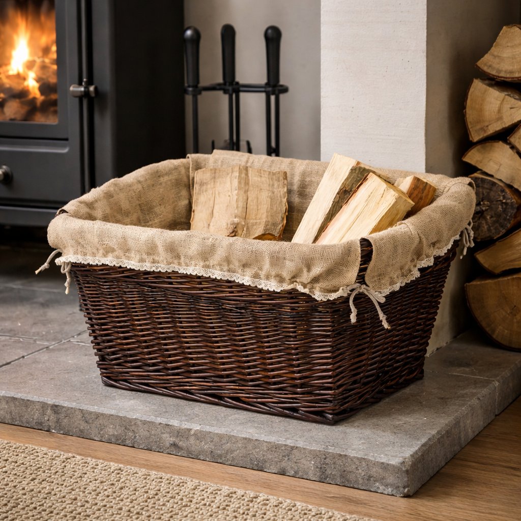 Wiklinowy kosz na drewno kominkowe z jutowym obszyciem TheWickerStories