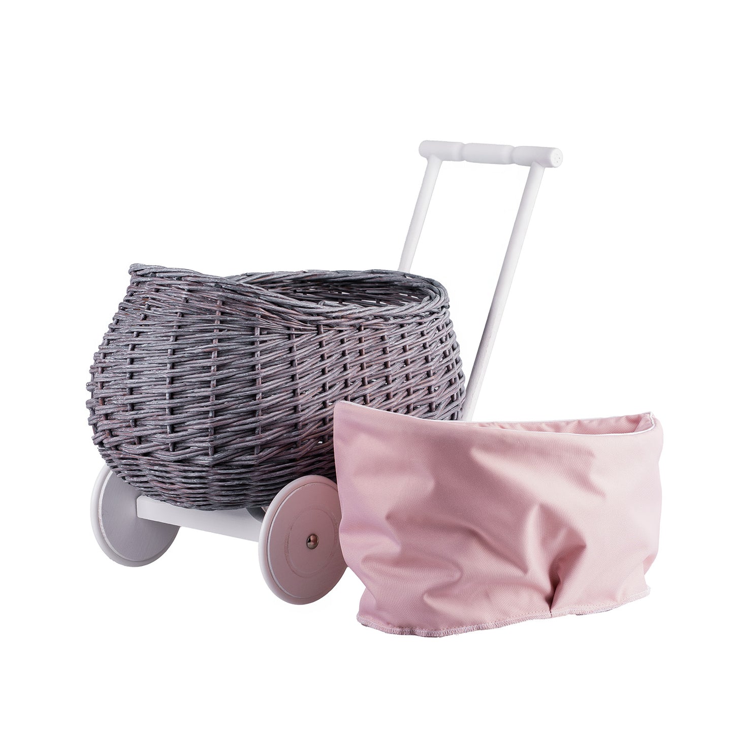 Luke flätad gåvagn med rosa tygfoder