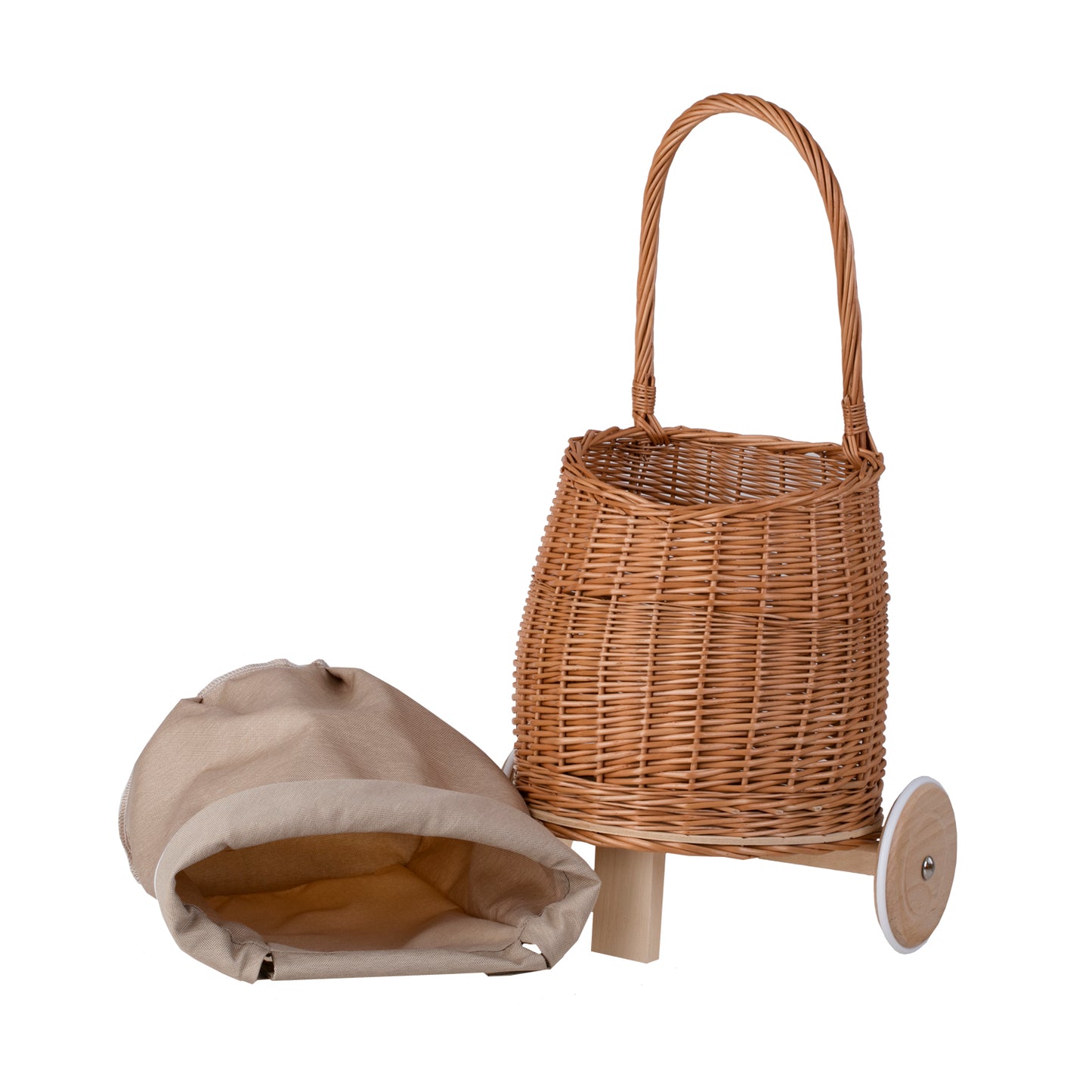 Luke wicker doll stroller with beige trim, handle, and wooden wheels TheWickerStories