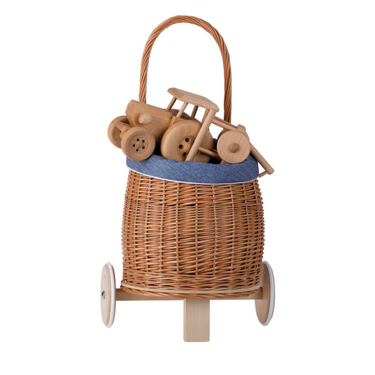 Luke Rieten poppenwagen voor kinderen met blauwe bies, handgreep en houten wielen