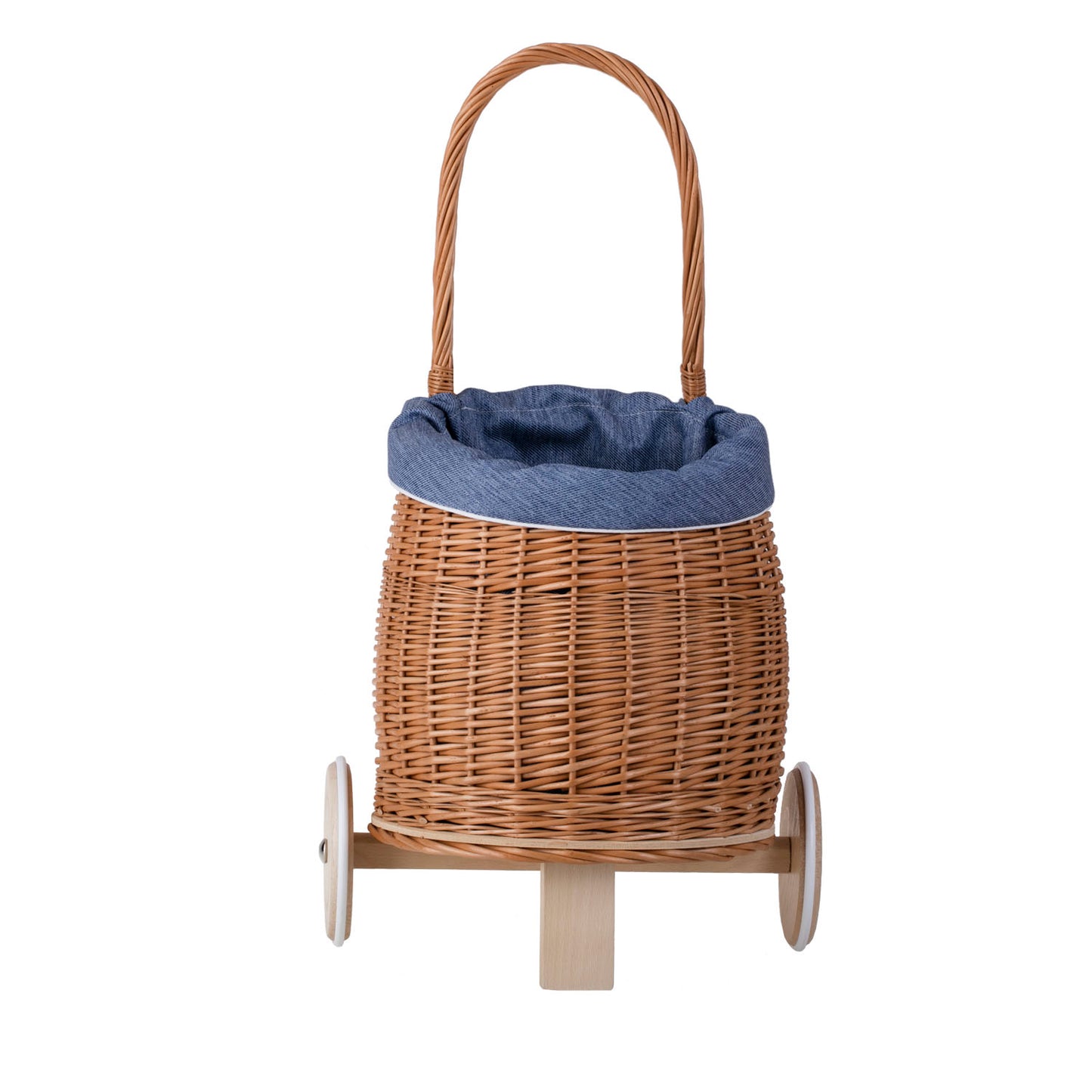Luke Rieten poppenwagen voor kinderen met blauwe bies, handgreep en houten wielen