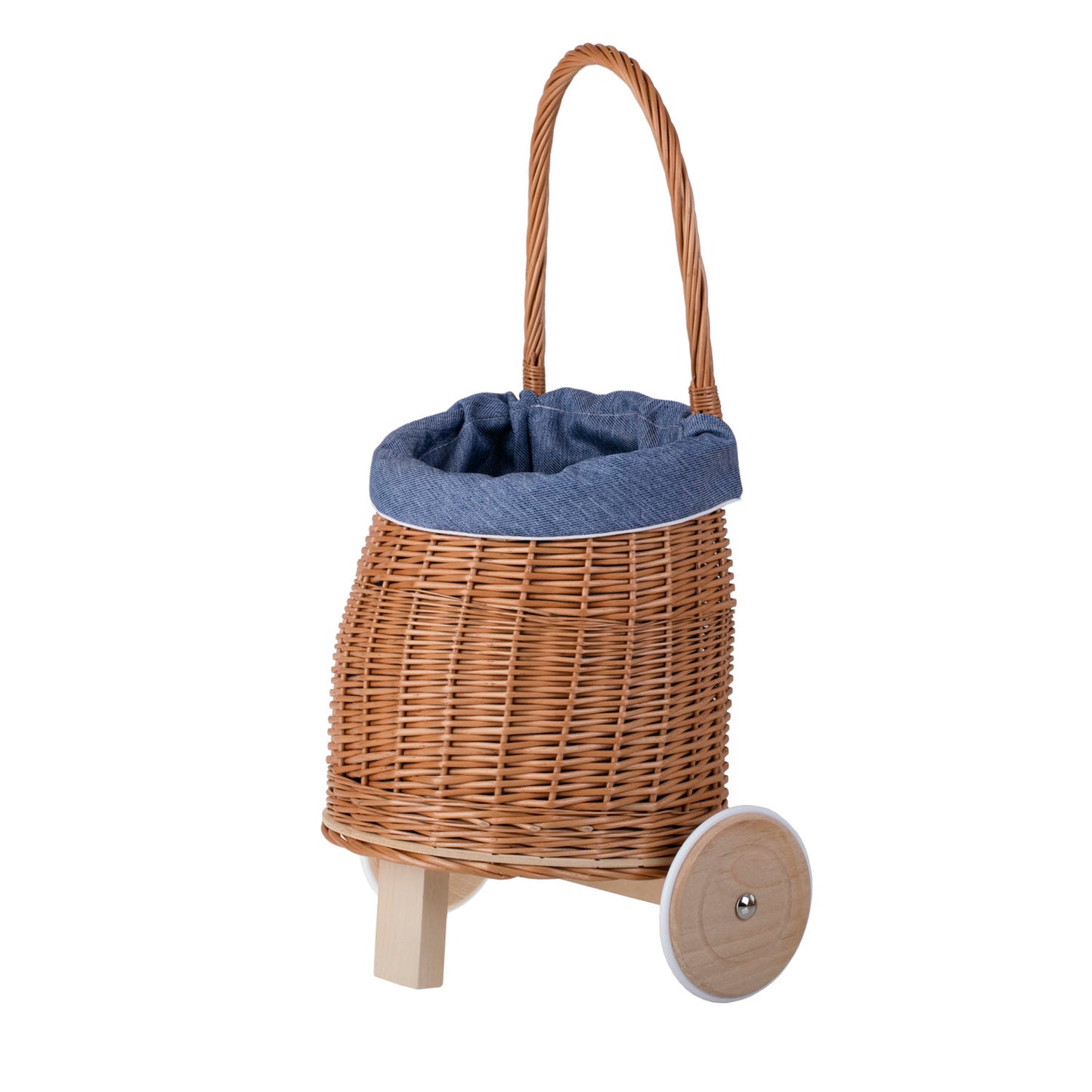 Luke wicker baby stroller with blue trim, handle, and wooden wheels TheWickerStories