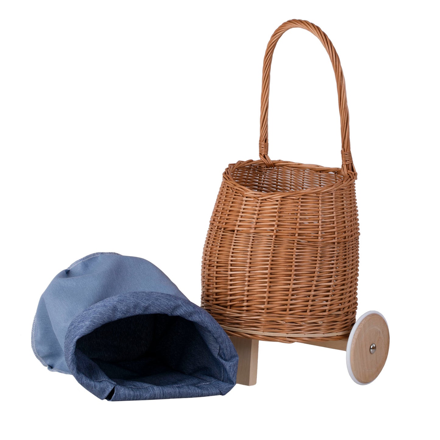 Luke wicker baby stroller with blue trim, handle, and wooden wheels TheWickerStories