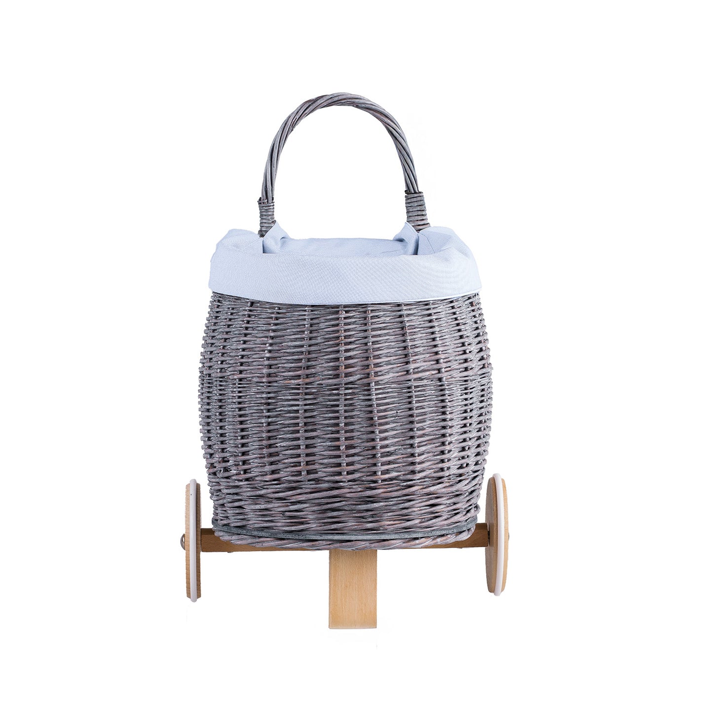 Luke Rieten poppen- en speelgoedwagen met lichtblauwe bekleding, handvat en houten wielen.
