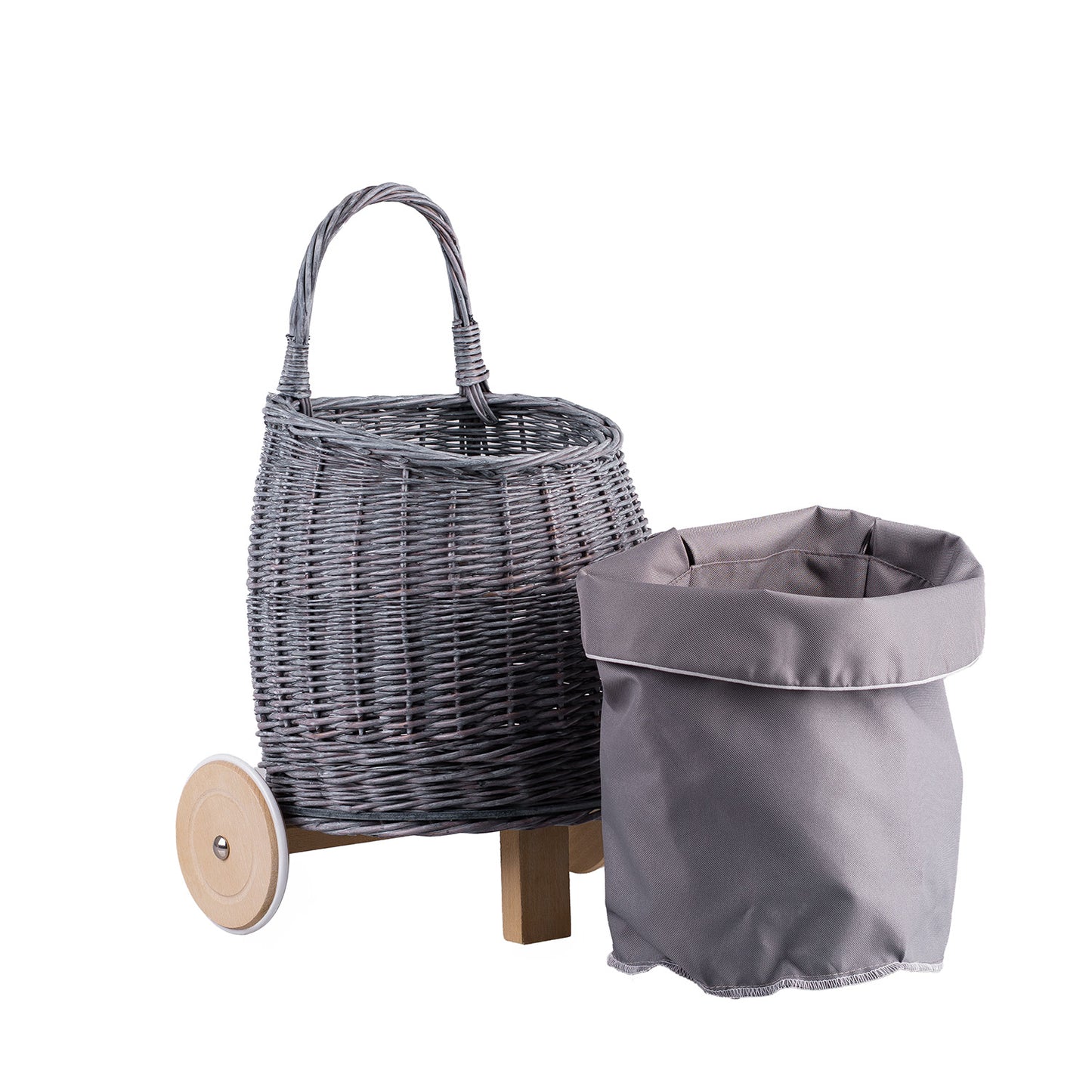Luke Poussette en osier pour enfants avec doublure grise, poignée et roues en bois.