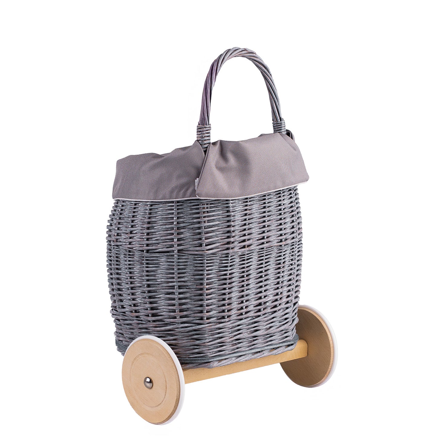 Luke Poussette en osier pour enfants avec doublure grise, poignée et roues en bois.