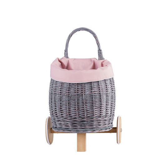 Luke Rieten poppenwagen met roze afwerking, voorzien van handvat en houten wielen