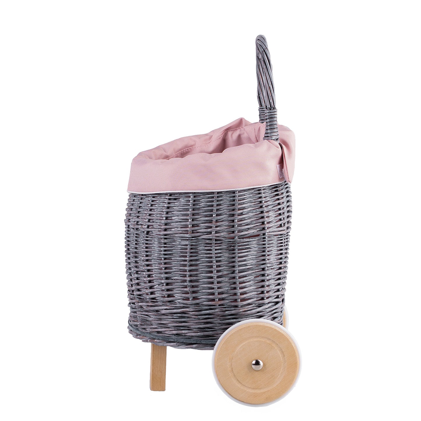 Luke Rieten poppenwagen met roze afwerking, voorzien van handvat en houten wielen
