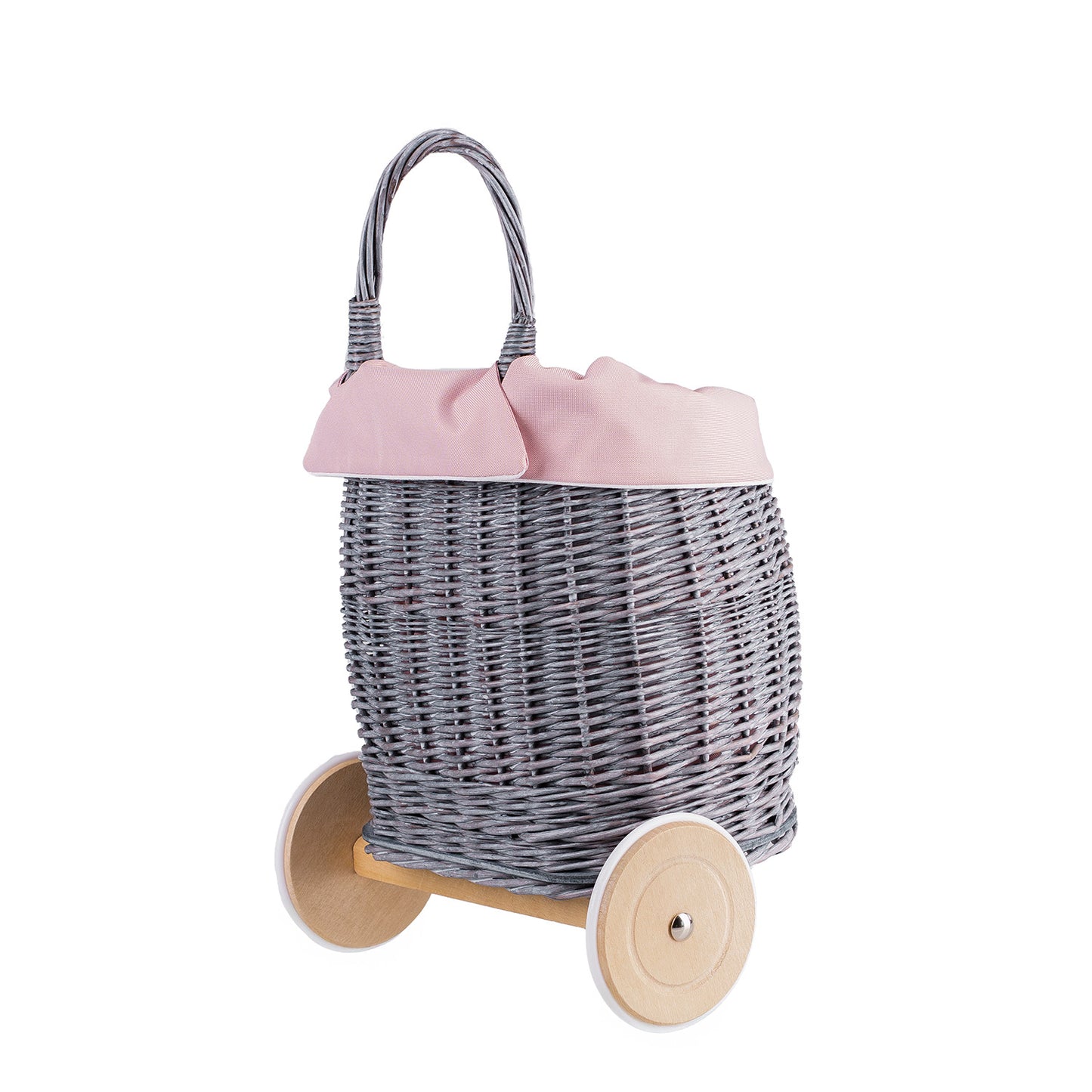 Luke carrozzina giocattolo in vimini per bambole da spingere con bordo rosa, manico e ruote in legno TheWickerStories