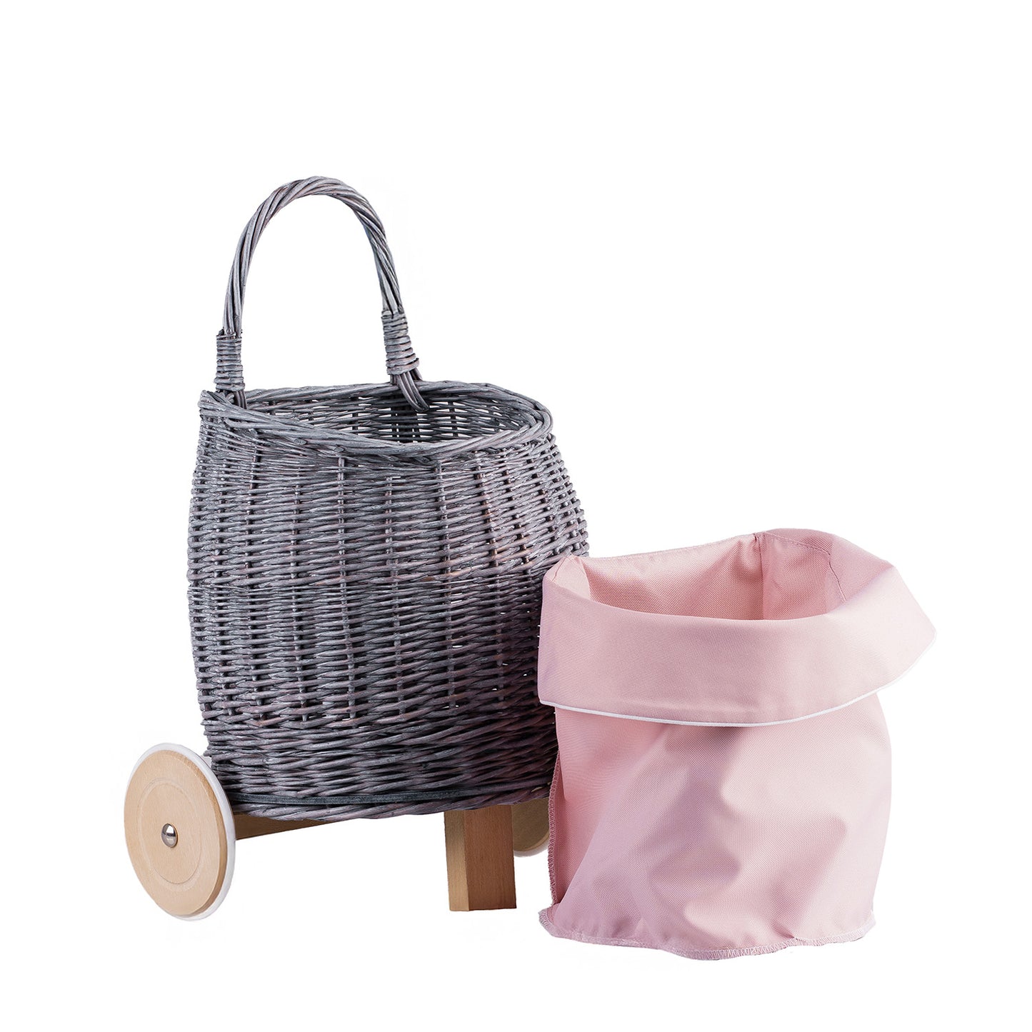 Luke Rieten poppenwagen met roze afwerking, voorzien van handvat en houten wielen