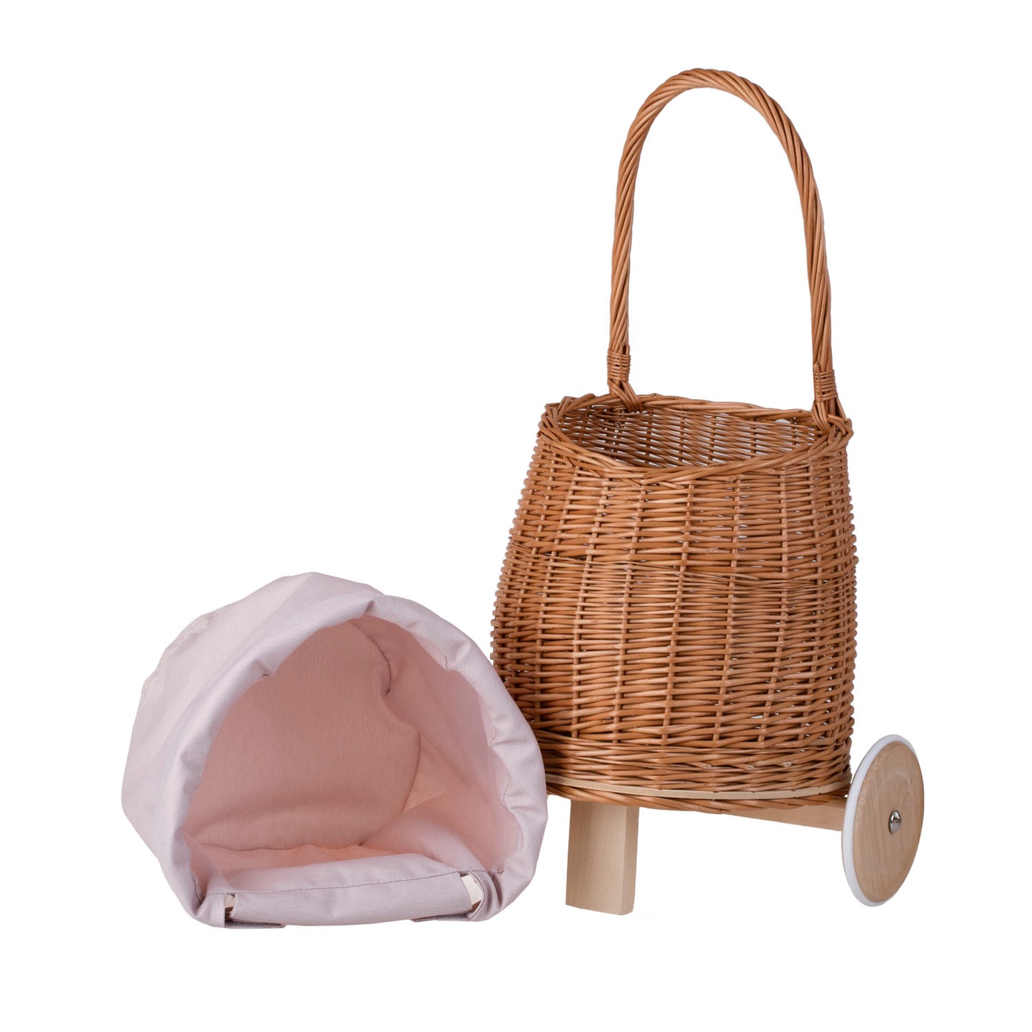 Luke Kinderwagen aus Weide mit rosa Besatz, Griff und Holzrädern.