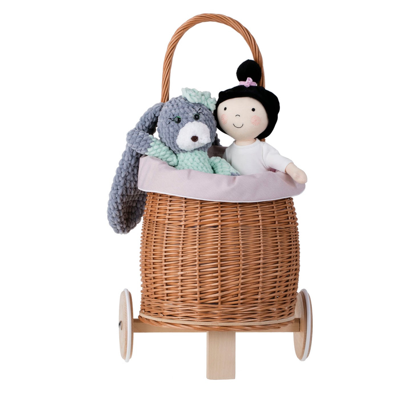 Luke Kinderwagen aus Weide mit rosa Besatz, Griff und Holzrädern.