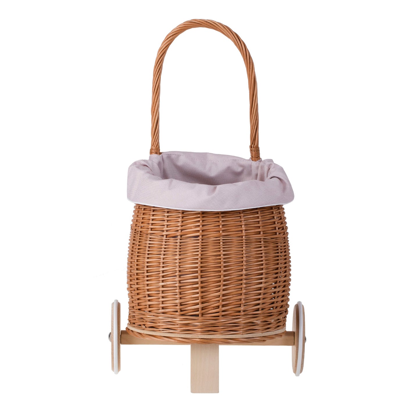 Luke Kinderwagen aus Weide mit rosa Besatz, Griff und Holzrädern.