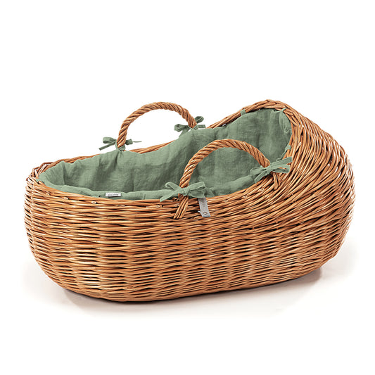 Desayer Wilgentenen Mosesmandje voor baby's met groene bies, handvatten en matras
