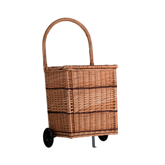 Solette panier en osier pour cheminée avec roulettes, poignée et couvercle