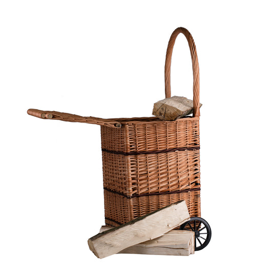 Solette panier en osier pour cheminée avec roulettes, poignée et couvercle