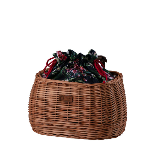 wicker bicycle basket with colorful trim, removable liner and leather straps