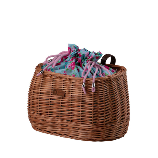 wicker bike basket with colorful trim, removable drawstring liner and leather straps