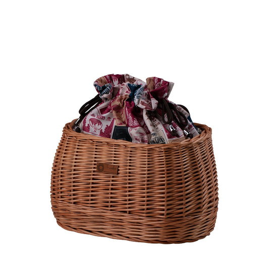 wicker bike basket with colorful trim, removable liner bag and leather straps